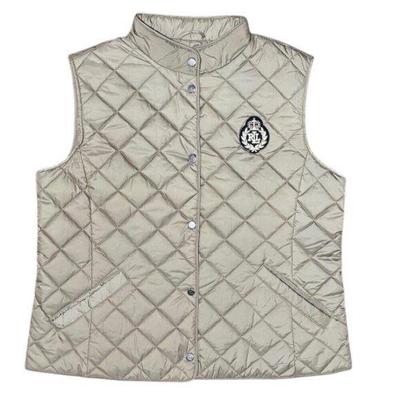 Ralph Lauren Jackets & Blazers - Lauren Ralph Lauren Women Crest-Patch Diamond Quilted Mock Neck Vest Beige L NWO